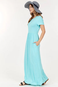 Short Sleeve Empire Waist Maxi Dress With Pockets