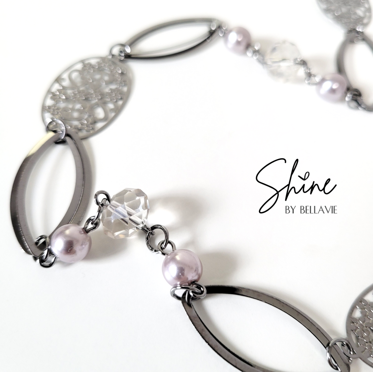 Fleur Grey Pearl, Crystal and Oval Silver Disc Station Necklace
