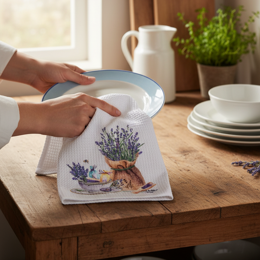 French Lavender Tea Towel - Tea Cup and Lavender