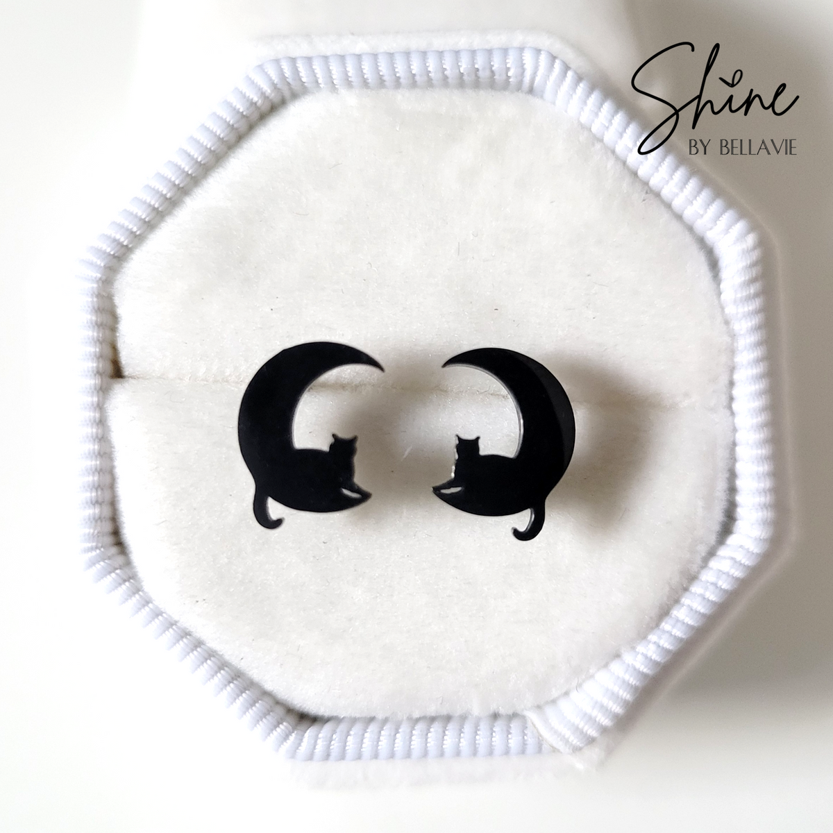Black Cat On Moon Stud Earrings