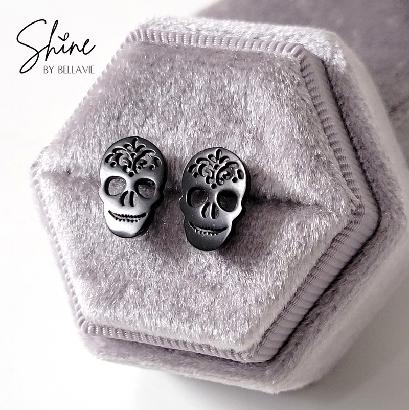Black Sugar Skull Stud Earrings