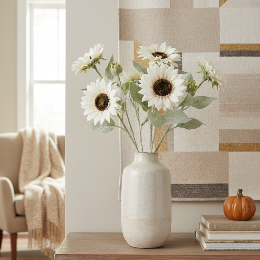 White Bloom and Blossom Sunflower Stem 18"