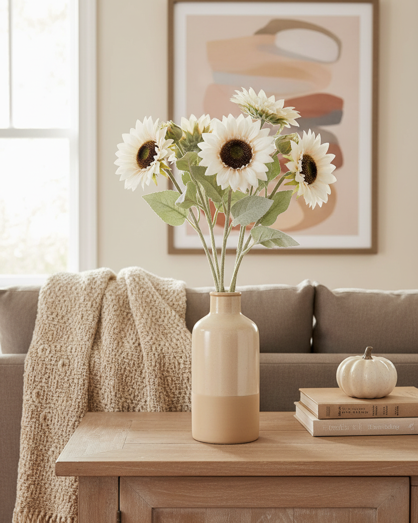 White Bloom and Blossom Sunflower Stem 18"