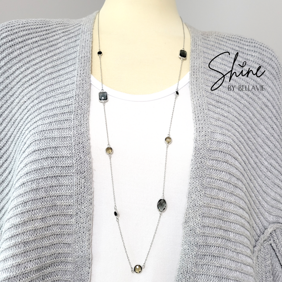 Mystere Long Smoky and Black Crystal Station Necklace