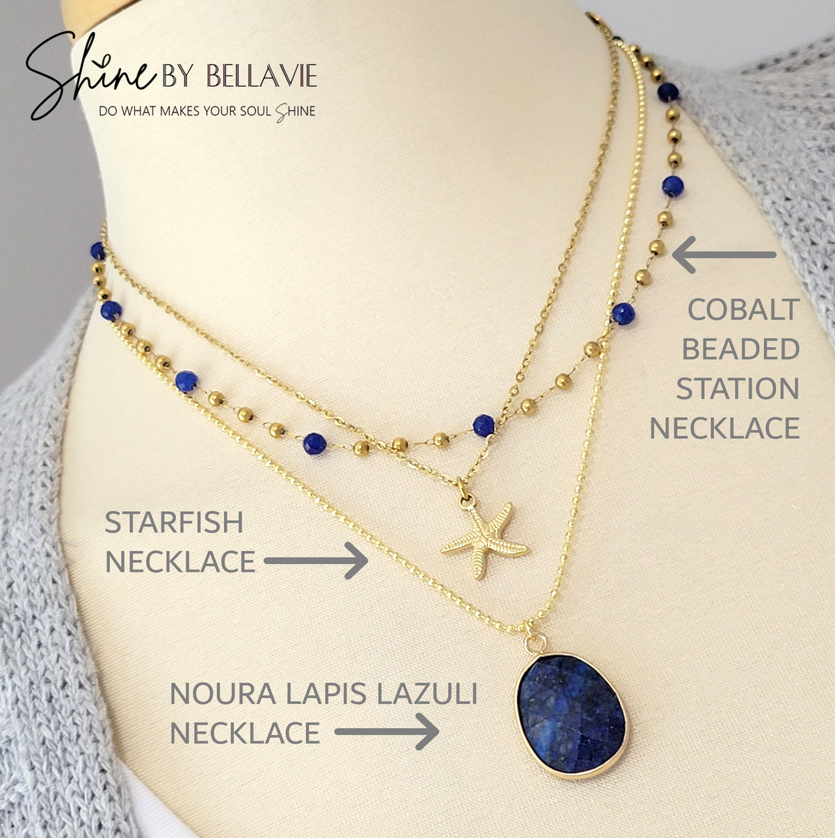 Colbalt And Gold Beaded Station Necklace