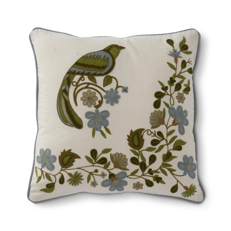 Blue Green Floral and Bird Embroidered Large Pillow