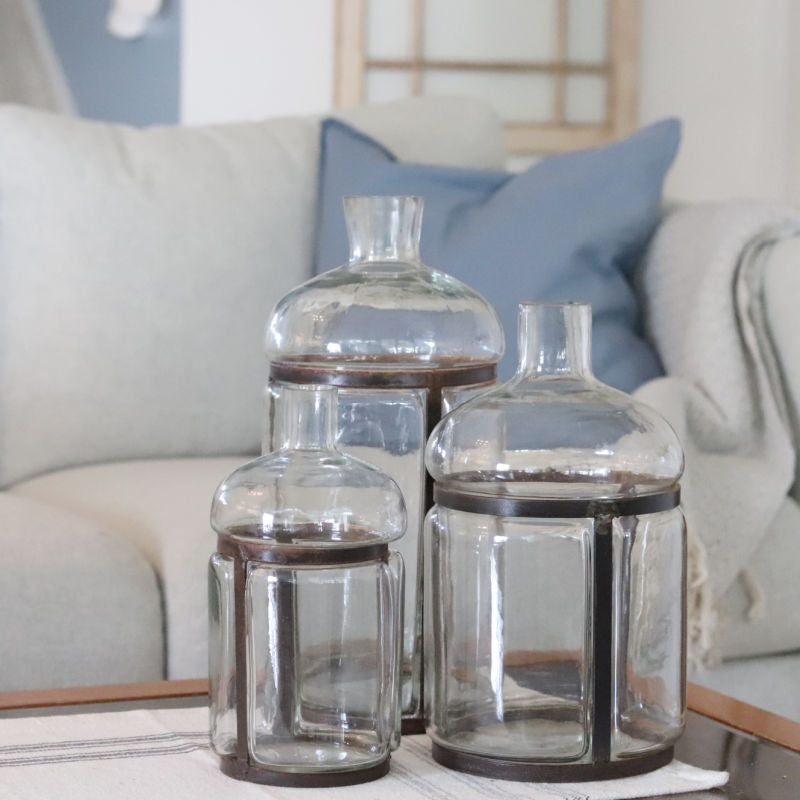 Blown Glass Bottle with Metal Frame