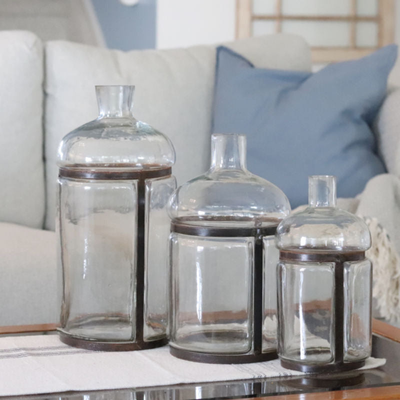 Blown Glass Bottle with Metal Frame