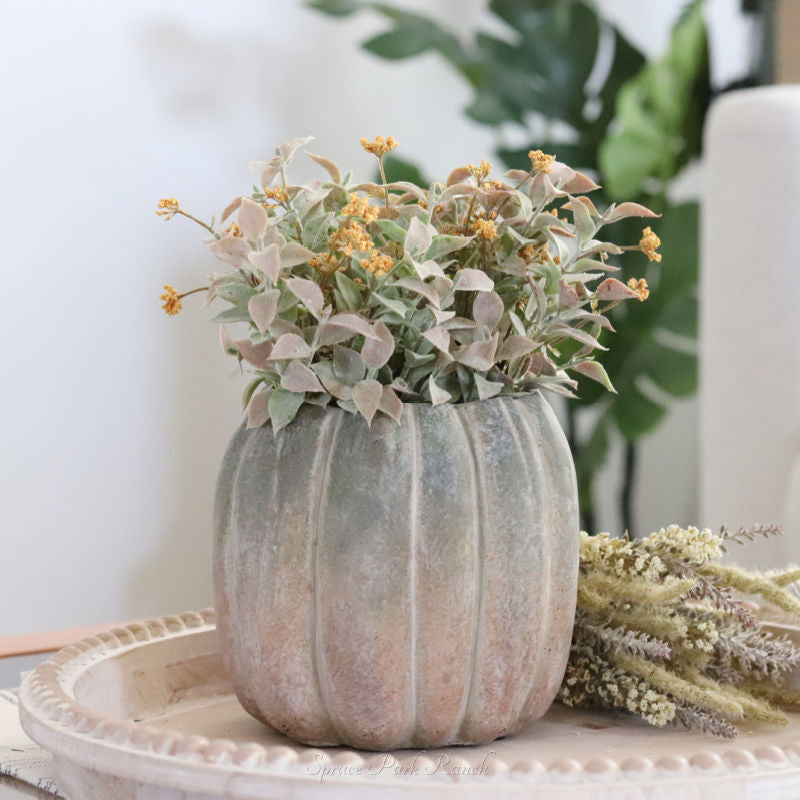 Whitewashed Orange and Green Cement Pumpkin Pot Tall