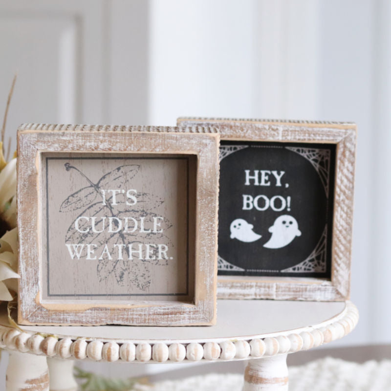 Reversible Wood Boo Cuddle Weather Sign