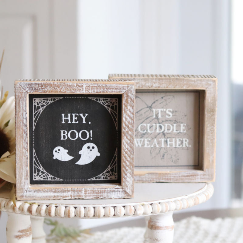 Reversible Wood Boo Cuddle Weather Sign