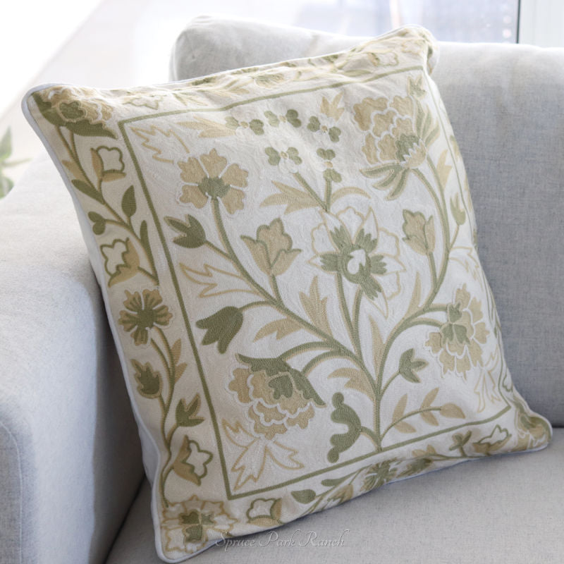 Cream and Green Floral Embroidered Pillow