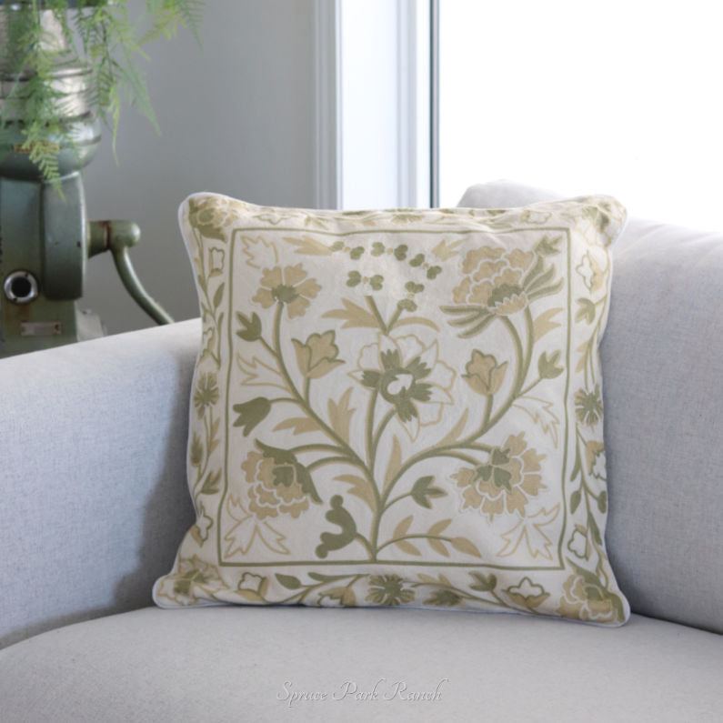 Cream and Green Floral Embroidered Pillow