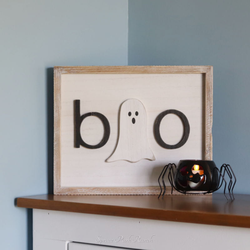 Reversible Wood Cutout Fall and Boo Framed Sign