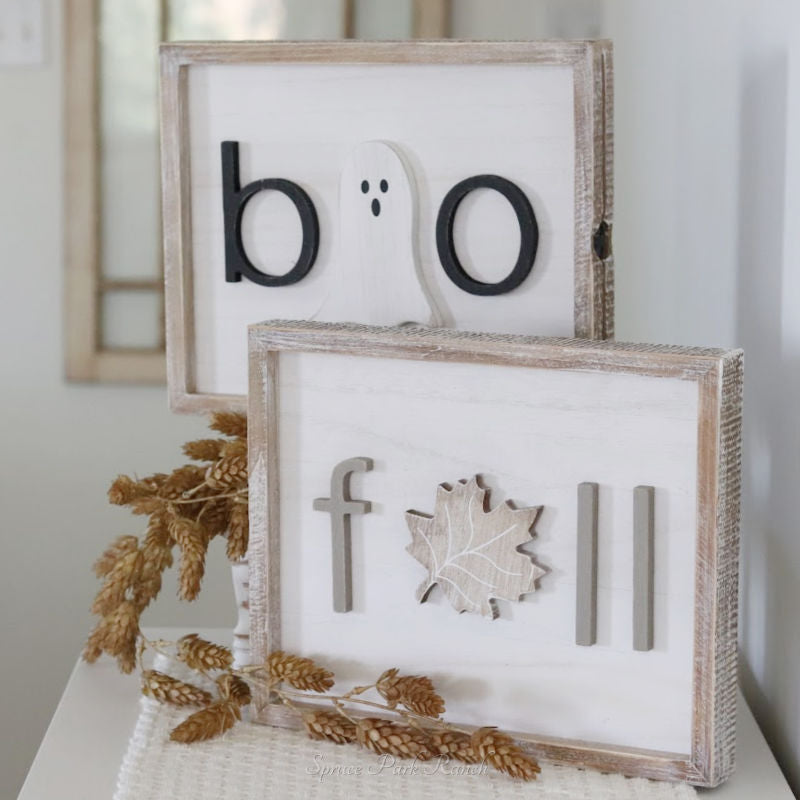 Reversible Wood Cutout Fall and Boo Framed Sign