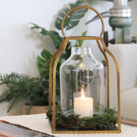 Gold Metal Trapezoid Lantern With Glass Hurricane