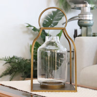 Gold Metal Trapezoid Lantern With Glass Hurricane