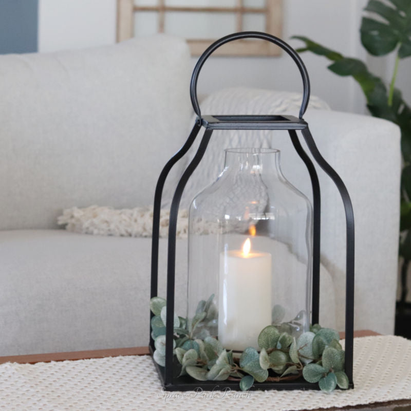 Black Metal Trapezoid Lantern With Glass Hurricane Extra Large