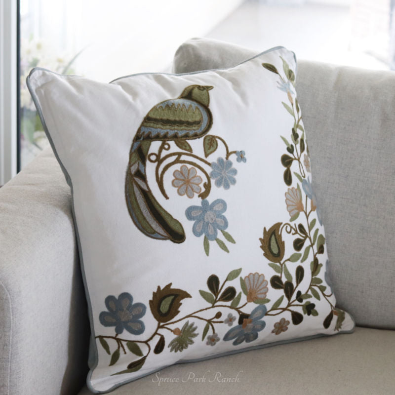 Blue Green Floral and Bird Embroidered Large Pillow