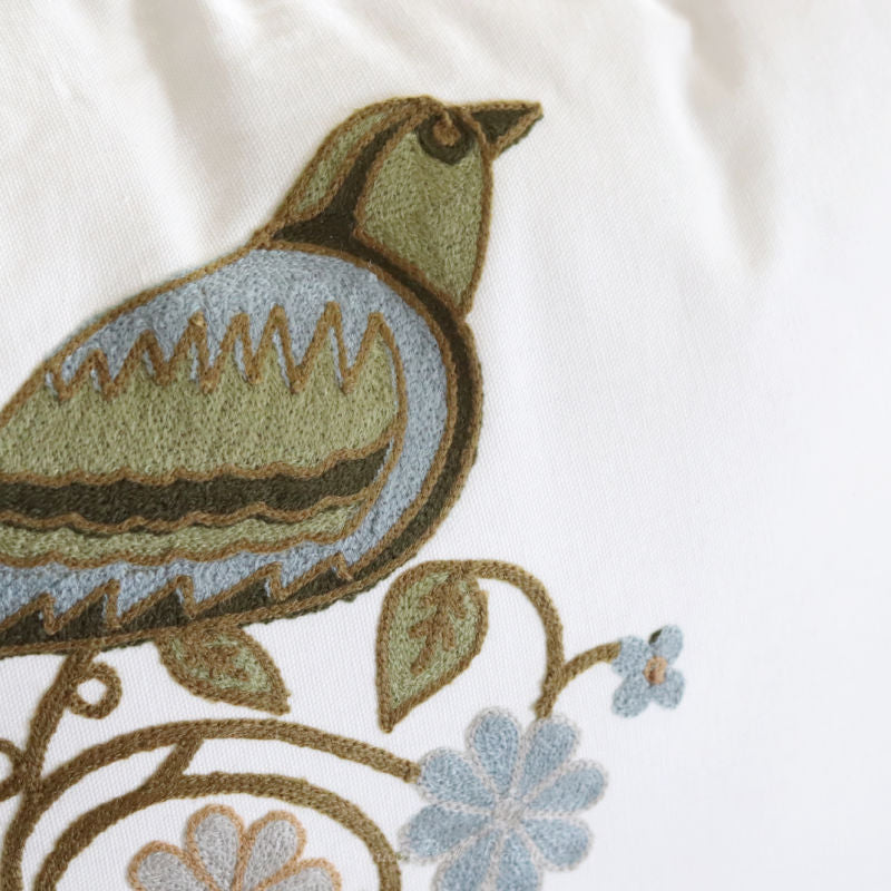 Blue Green Floral and Bird Embroidered Large Pillow