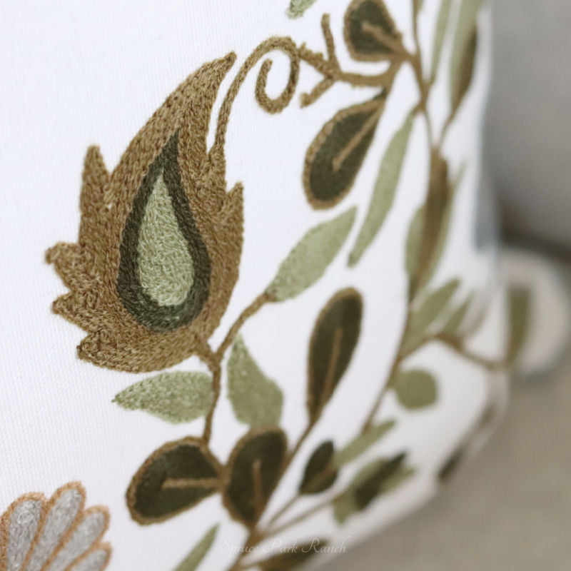 Blue Green Floral and Bird Embroidered Large Pillow Spruce Park Ranch