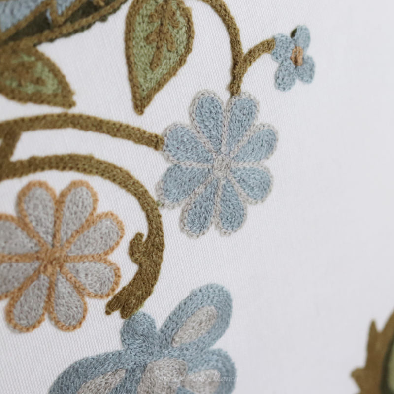 Blue Green Floral and Bird Embroidered Large Pillow