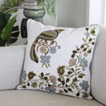 Blue Green Floral and Bird Embroidered Large Pillow