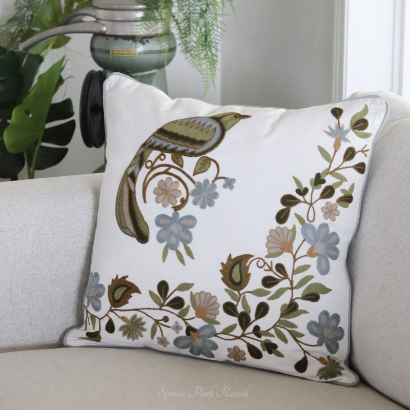 Blue Green Floral and Bird Embroidered Large Pillow