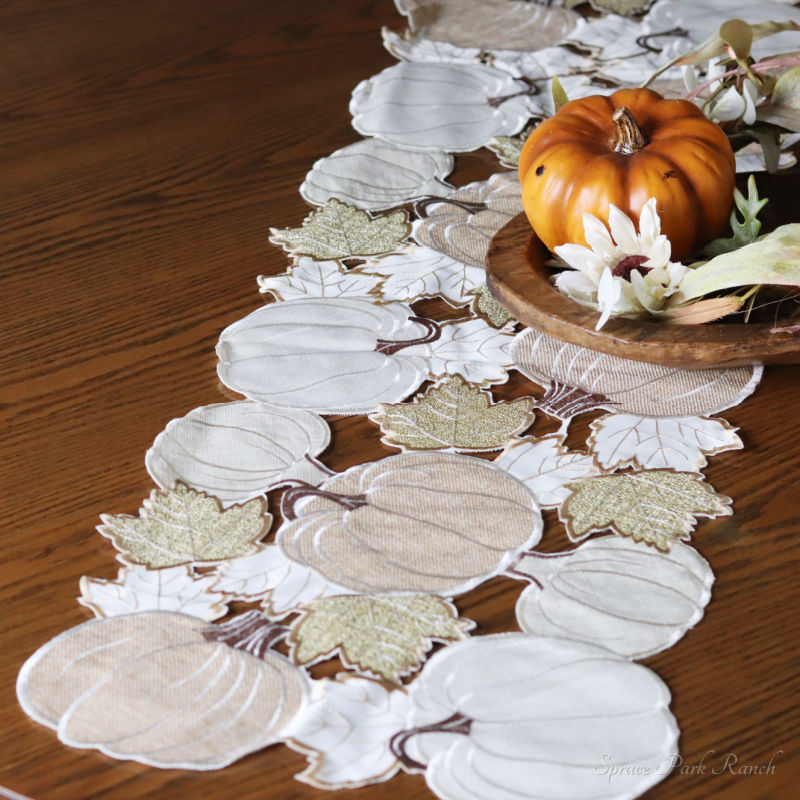 Embroidered Pumpkins and Leaves Table Runner