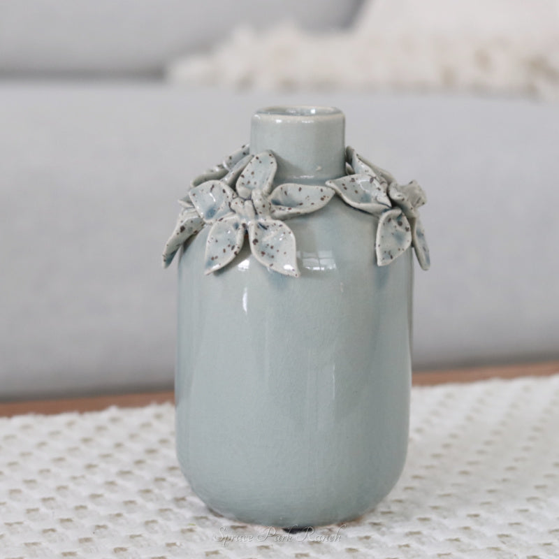 Blue Ceramic Mini Vase With Raised Flowers