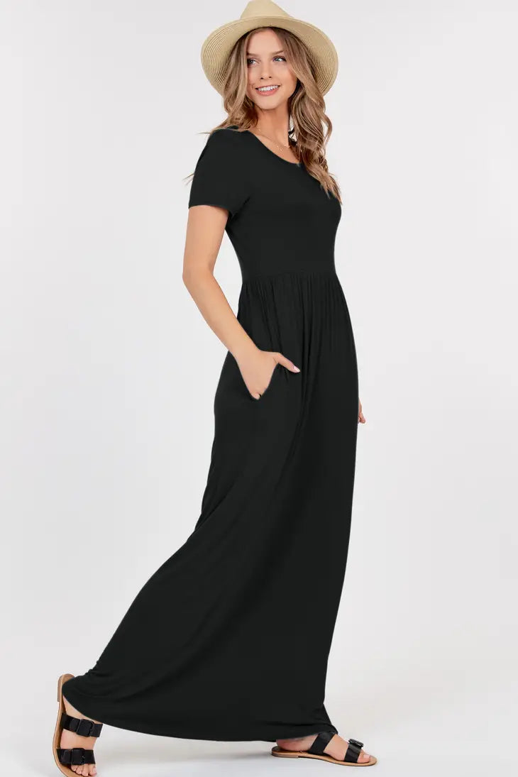 Short Sleeve Empire Waist Maxi Dress With Pockets