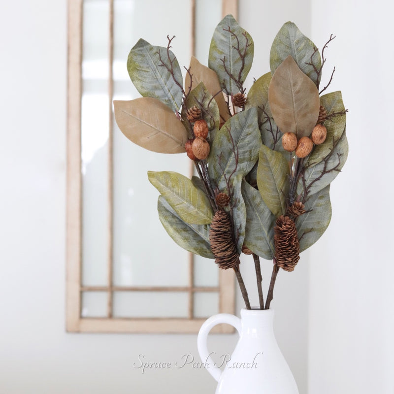 Magnolia Pinecone and Nut Stem 32"
