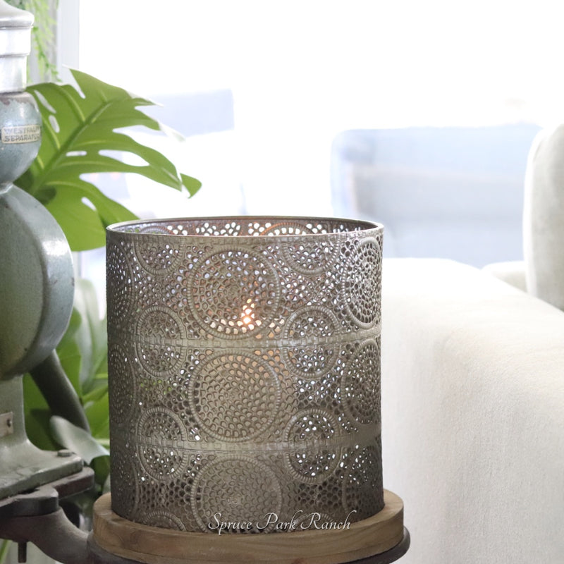 Champagne Punched Metal Hurricane with Wood Base