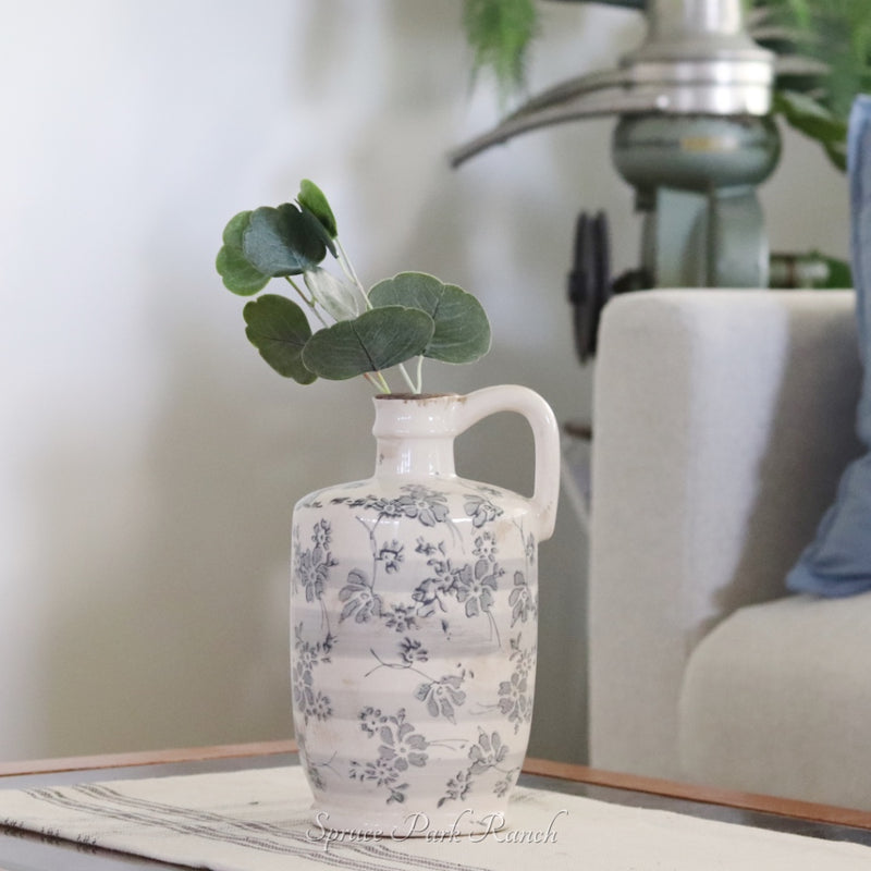Vintage Grey Floral Ceramic Crackle Vase