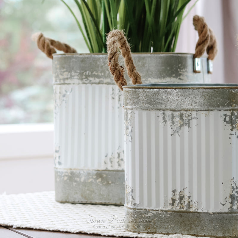 Rope Handle Distressed Whitewash Square Planter