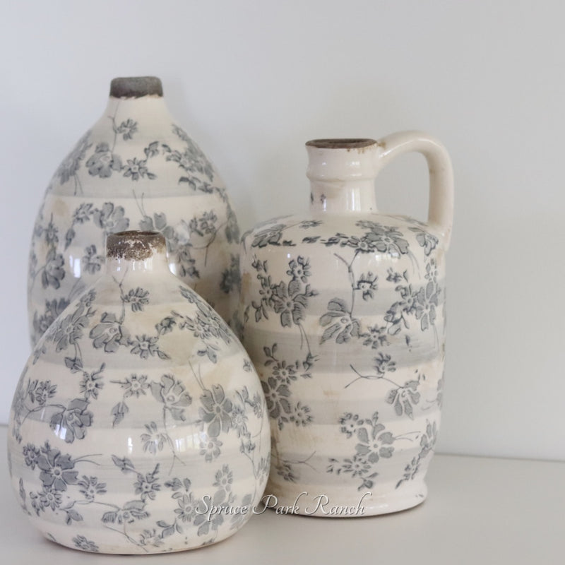 Vintage Grey Floral Ceramic Crackle Vase
