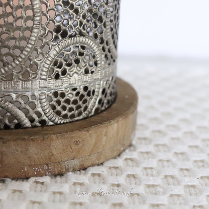 Champagne Punched Metal Hurricane with Wood Base