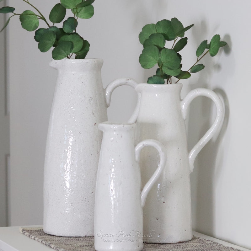 Distressed White Ceramic Crackle Pitcher
