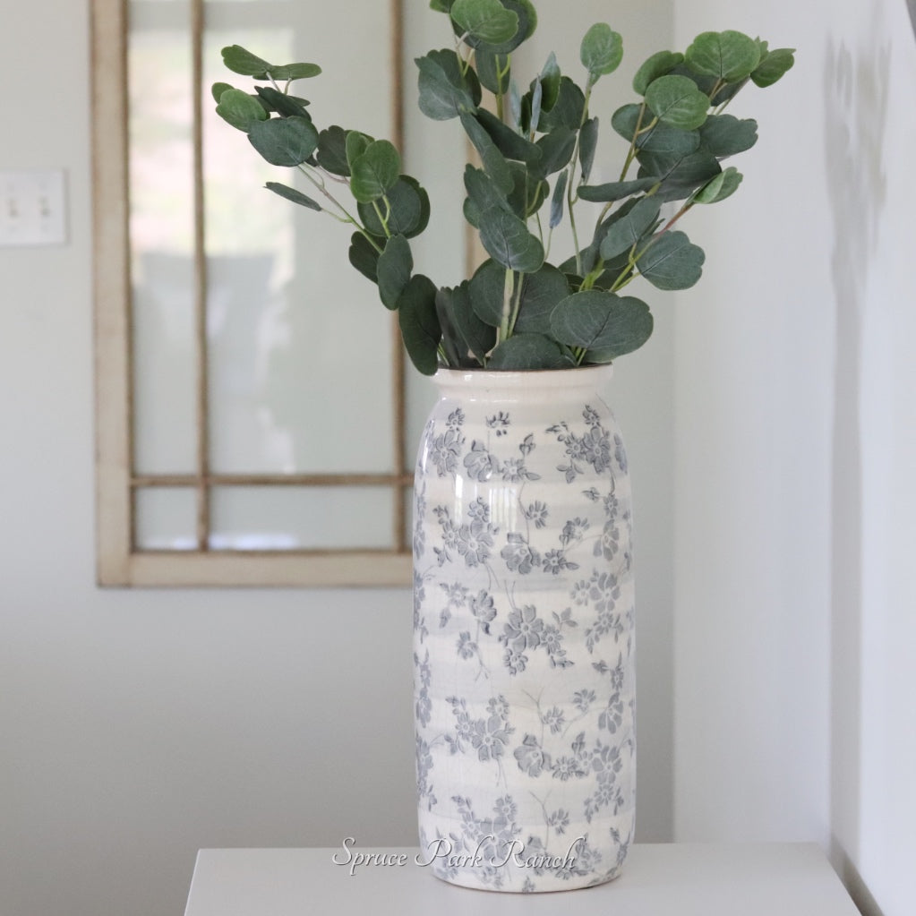 Vintage Grey Floral Ceramic Large Crackle Vase