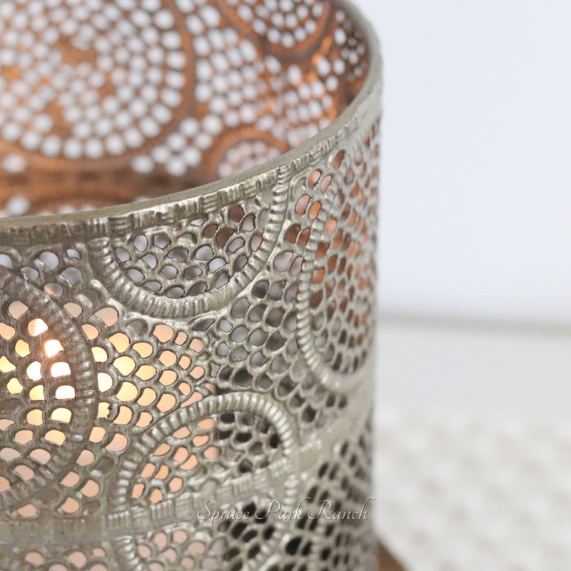 Champagne Punched Metal Hurricane with Wood Base