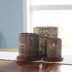 Champagne Punched Metal Hurricane with Wood Base