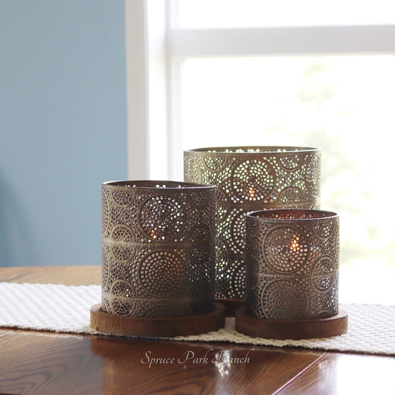 Champagne Punched Metal Hurricane with Wood Base