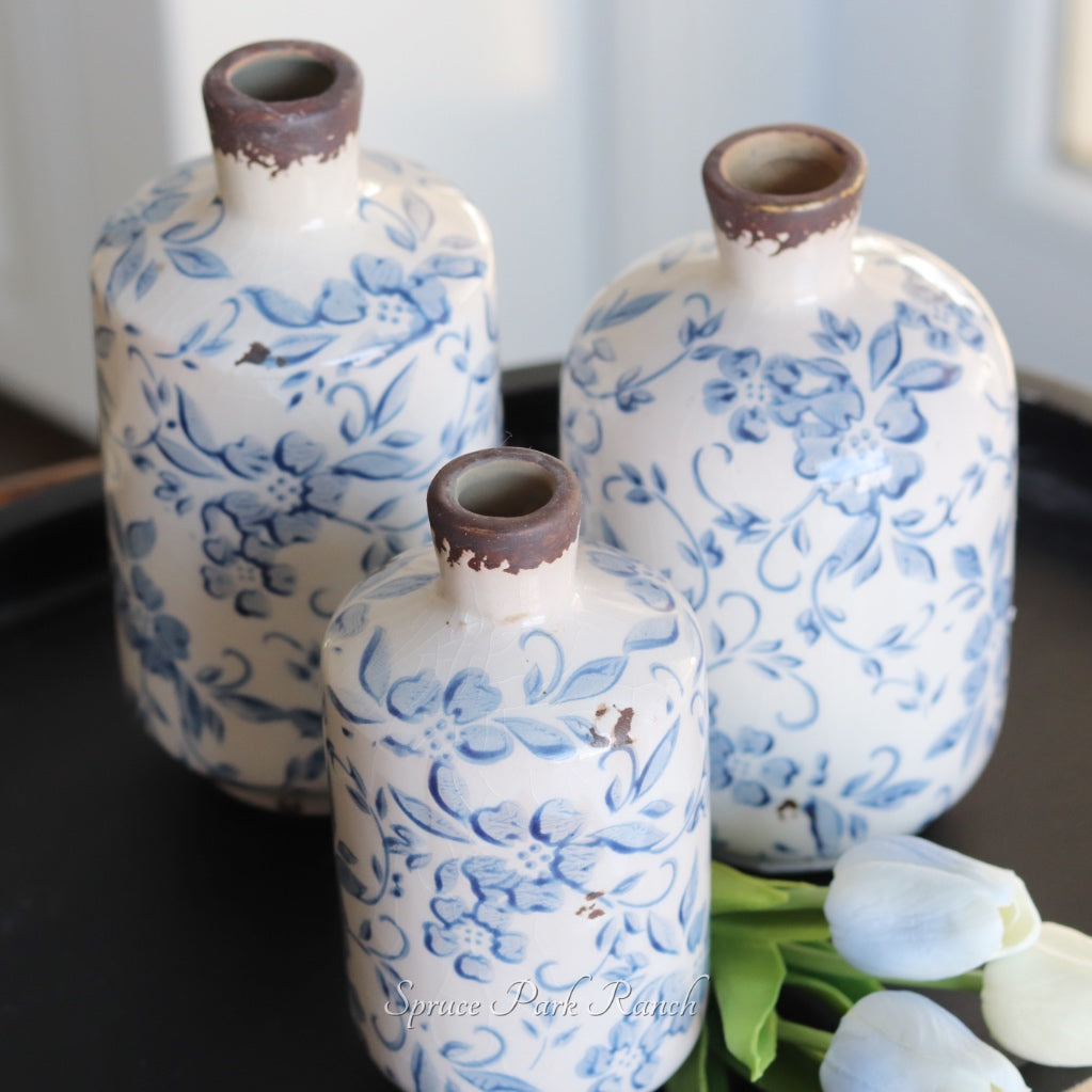 Vintage Blue Floral Bottle Vase