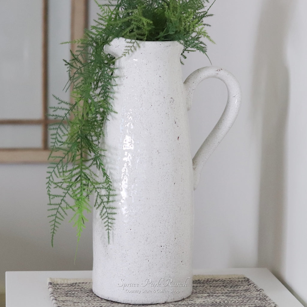 Distressed White Ceramic Crackle Pitcher