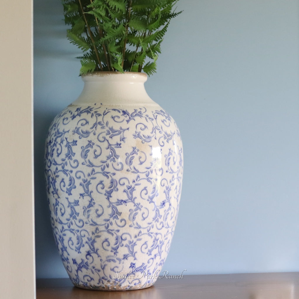 Vintage Blue and White Ceramic Large Vase