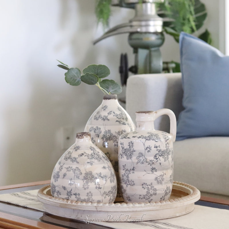 Vintage Grey Floral Ceramic Crackle Vase