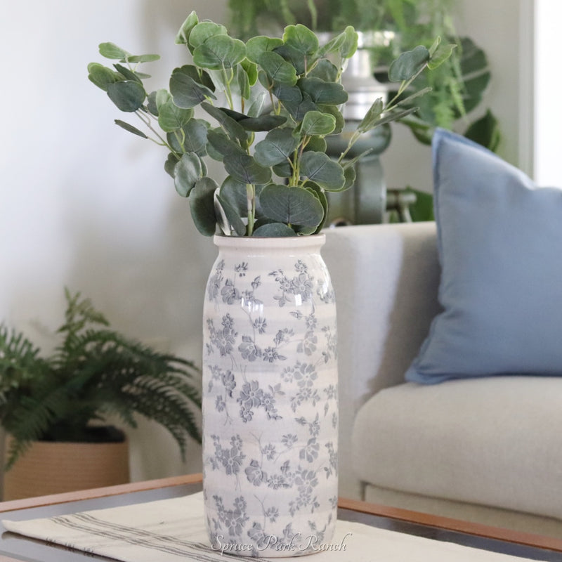 Vintage Grey Floral Ceramic Large Crackle Vase