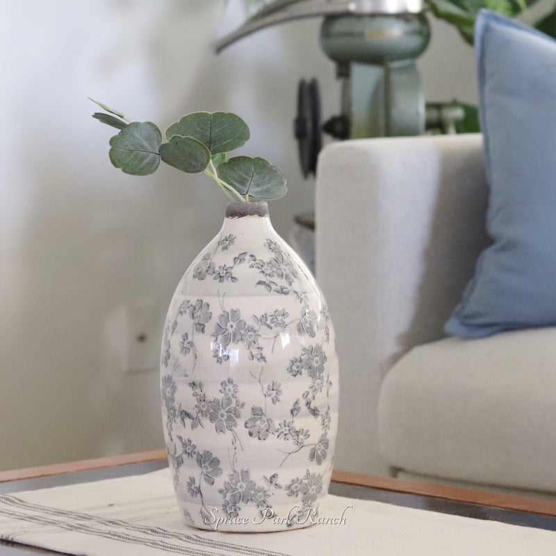 Vintage Grey Floral Ceramic Crackle Vase
