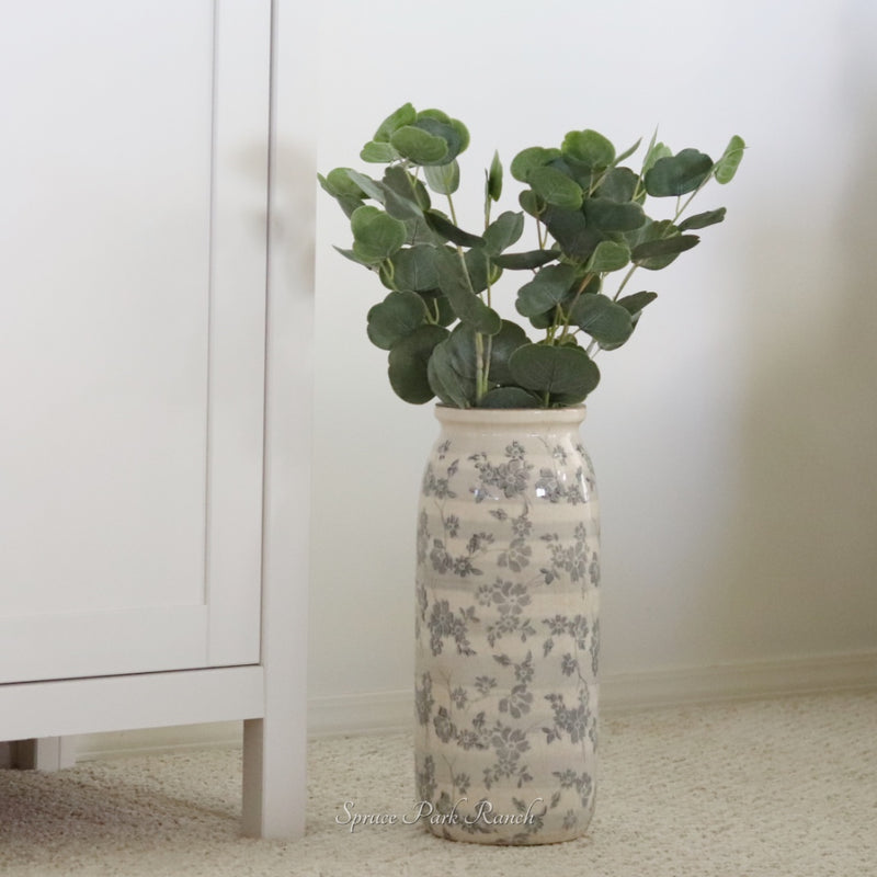 Vintage Grey Floral Ceramic Large Crackle Vase