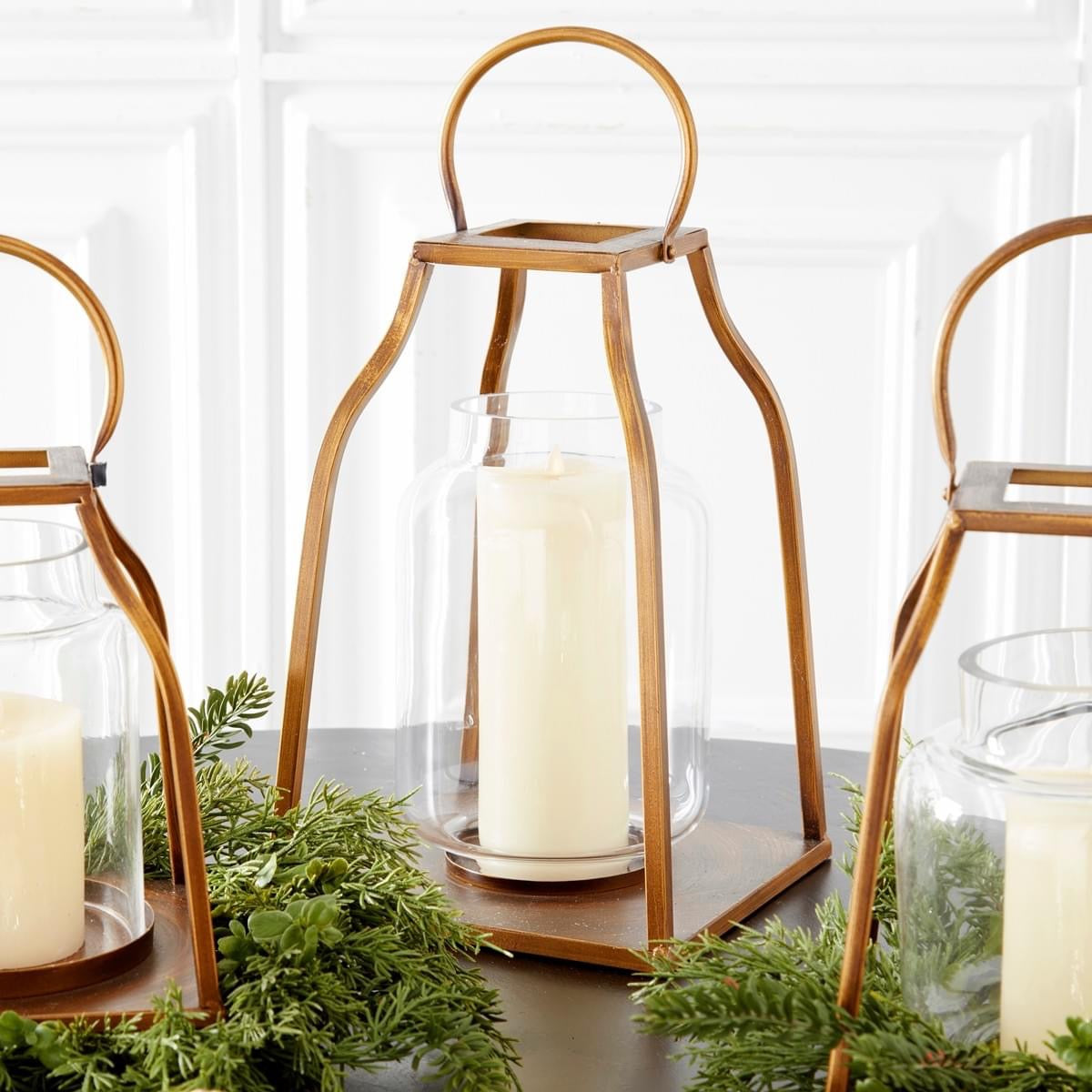 Gold Metal Trapezoid Lantern With Glass Hurricane Spruce Park Ranch